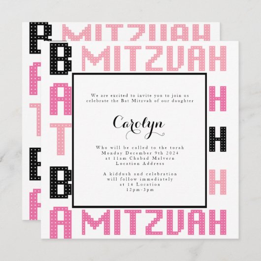 Bat Mitswa Uitnodiging in Roze en Zwart thema (Voorkant / Achterkant)