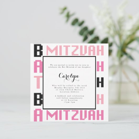 Bat Mitswa Uitnodiging in Roze en Zwart thema (Staand voorkant)