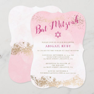 Bat Mitswa Uitnodigingen   Roze & Gouden Glitter 0