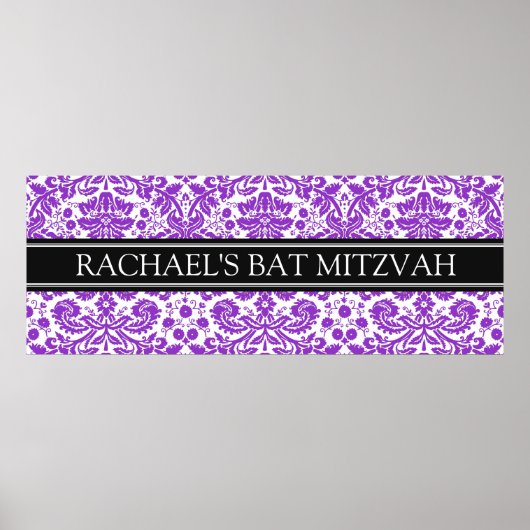 Bat Mitzvah Aangepaste naam Banner Paarse Damask Poster (Voorkant)