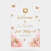 Bat Mitzvah Acryl Welkomstbord Roze Vlinders Acryl Bord (Voorkant)