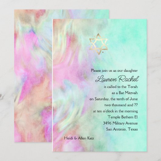 Bat Mitzvah Aqua Tie Dye Design Invitation Kaart (Voorkant / Achterkant)