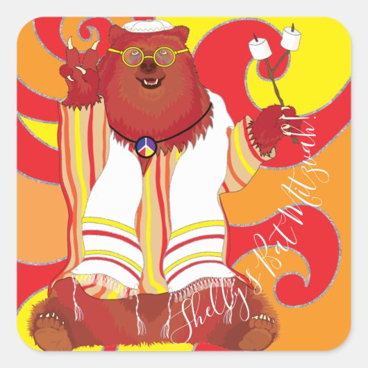 Bat mitzvah bar Hippie Tallit Bear Stickers Carré (Devant)