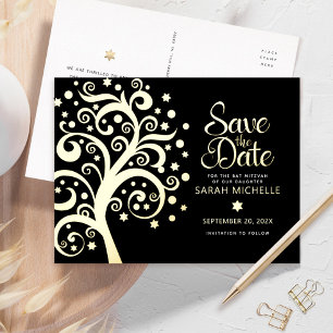 Bat Mitzvah Bewaar Datum Boom des Levens Zwart Gou Folie Uitnodiging Briefkaart