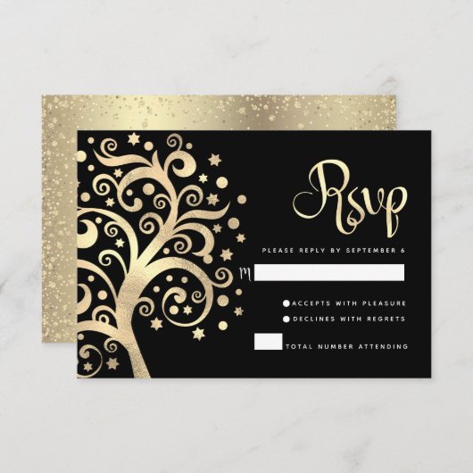 Bat Mitzvah Black Gold Foil Tree of Life Script RSVP Kaartje (Voorkant / Achterkant)