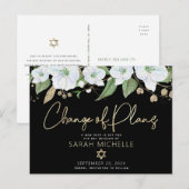 Bat Mitzvah Black Gold Script Floral Waterverf Uitnodiging Briefkaart (Voorkant / Achterkant)