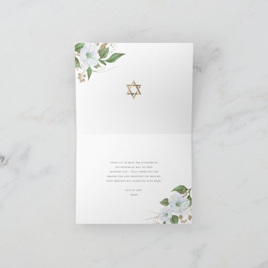 Bat Mitzvah Black Gold Script Waterverf Floral Bedankkaart (Binnen)