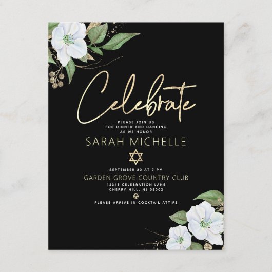 Bat Mitzvah Black Gold Script Waterverf Floral Informatiekaartje (Voorkant)