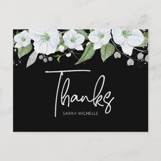 Bat Mitzvah Black Silver Script Floral bedankt Briefkaart (Voorkant)