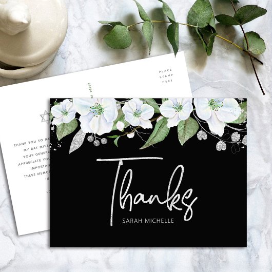 Bat Mitzvah Black Silver Script Floral bedankt Briefkaart
