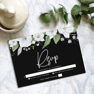 Bat Mitzvah Black Silver Script Floral Waterverf RSVP Kaartje