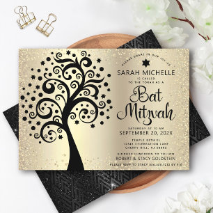 Bat Mitzvah Black Tree of Life Script Gold Foil Kaart