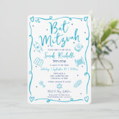 Bat Mitzvah Blau Handgetekende Doodles Hebreeuwse  Kaart (Staand voorkant)