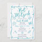 Bat Mitzvah Blau Handgetekende Doodles Hebreeuwse  Kaart (Voorkant)
