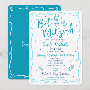 Bat Mitzvah Blau Plezierige Hand Getekende Doodle  Kaart