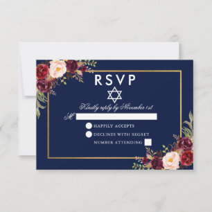 Bat Mitzvah Blauw Bourgondië Bloemen Goud RSVP Kaartje