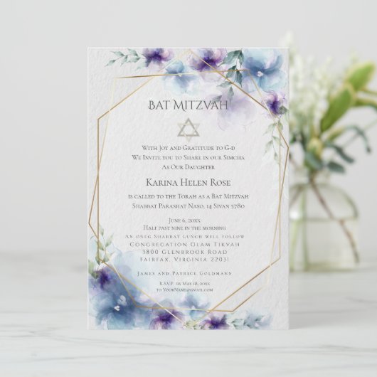 BAT MITZVAH | Blauw en violet Waterverf Bloemen 2 Kaart (Staand voorkant)