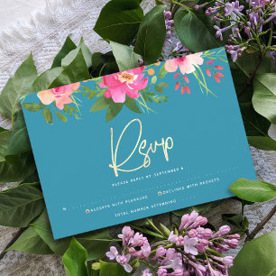 Bat Mitzvah Blauw Waterverf Bloemig Goud Schrift RSVP Kaartje