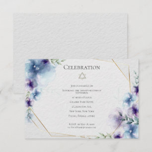 BAT MITZVAH Blauwe en paarse waterverf bloemen Kaart