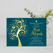 Bat Mitzvah Blauwgroen Boom van het Echte Echte Ma Folie Uitnodiging (Staand Voorkant)