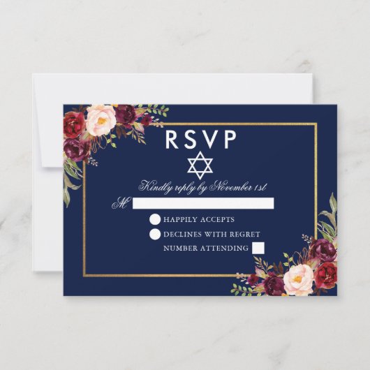 Bat mitzvah Bleu Bourgogne Floral Or RSVP (Devant)