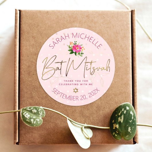 Bat Mitzvah Bloemen Roze Waterverf Goud Script Ronde Sticker