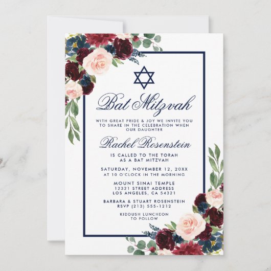 Bat mitzvah Blue Bourgogne Floral Invitation (Devant)