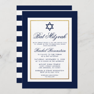 Bat Mitzvah Blue en White Stripes Invitation Gold Kaart