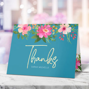 Bat Mitzvah Blue Gold Script Floral Waterverf Bedankkaart