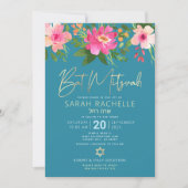 Bat Mitzvah Blue Gold Script Floral Waterverf Kaart (Voorkant)