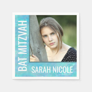 Bat Mitzvah Blue Opal Glam Party Custom Photo Servet
