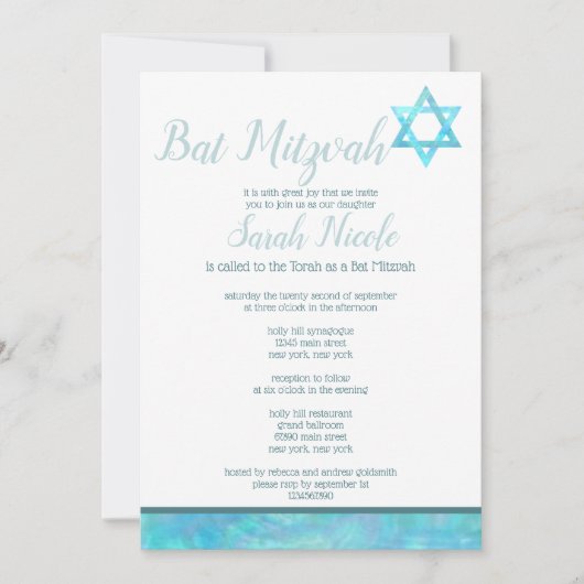 Bat Mitzvah Blue Opal Waterverf Chic Elegant Kaart (Voorkant)