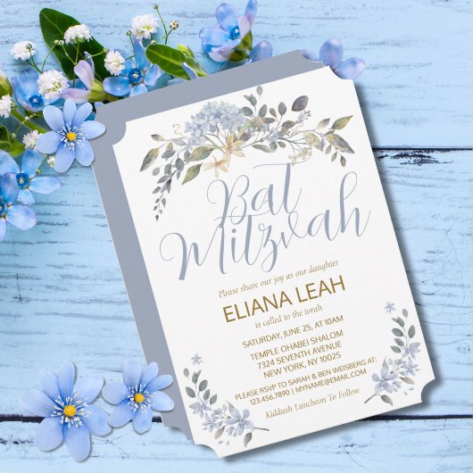 Bat Mitzvah Blue Waterverf Bloemen Kaart