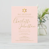 Bat Mitzvah Blush Roze Gouden Script Uitnodiging (Staand voorkant)