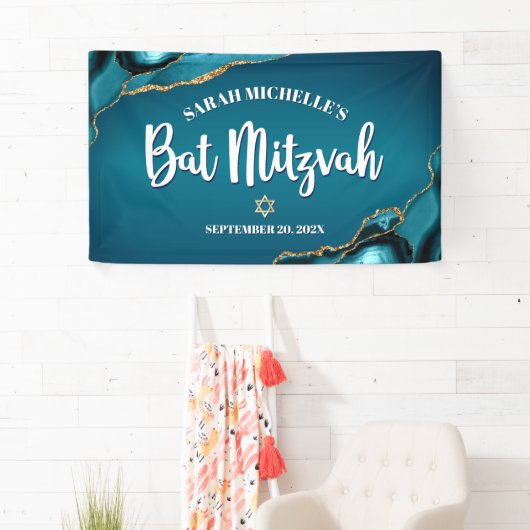 Bat Mitzvah Bold Agaat Goud Turquoise Ombre Script Spandoek (Insitu)