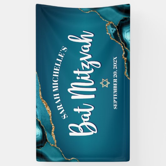 Bat Mitzvah Bold Agaat Goud Turquoise Ombre Script Spandoek (Verticaal)