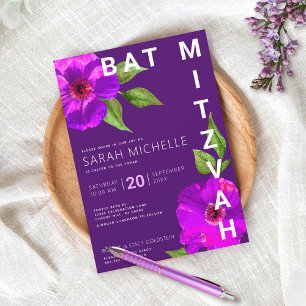 Bat Mitzvah Bold Moderne Paarse Bloemen Waterverf Kaart