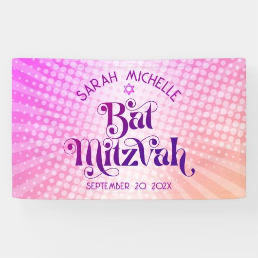 Bat Mitzvah Bold Retro Boho Roze Oranje Gradient Spandoek (Horizontaal)