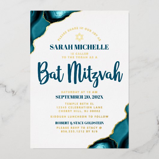 Bat Mitzvah Bold Turquoise Agaat Script Echt Goud Folie Uitnodiging (Voorkant)