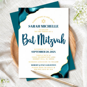 Bat Mitzvah Bold Turquoise Agaat Script Echt Goud Folie Uitnodiging