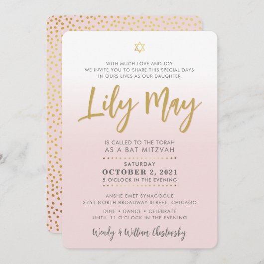  Bat Mitzvah bord roze goud elegant script Kaart (Voorkant / Achterkant)