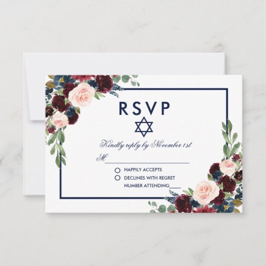 Bat Mitzvah Bourgogne Bleu Floral RSVP (Devant)