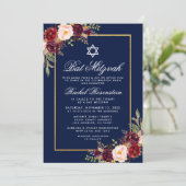 Bat mitzvah Bourgogne Floral Blue Gold Invitation (Debout devant)