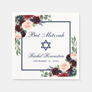 Bat Mitzvah Burgundy Blue Floral Servet
