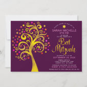 Bat Mitzvah Burgundy Gold Foil Script Tree of Life Kaart (Voorkant)