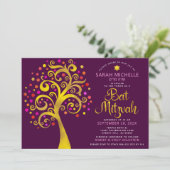 Bat Mitzvah Burgundy Gold Foil Script Tree of Life Kaart (Staand voorkant)