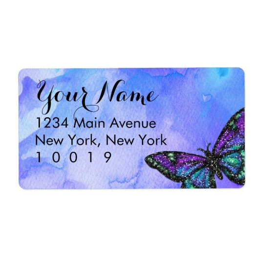 Bat Mitzvah Butterfly Paars en Blue Painted Etiket (Voorkant)