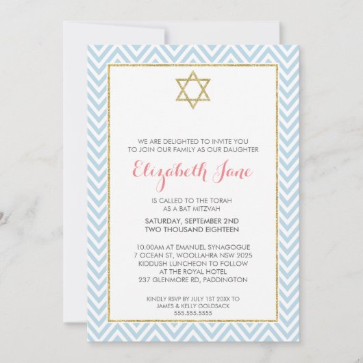 BAT MITZVAH chevron patroon goud glitterig blauw Kaart (Voorkant)