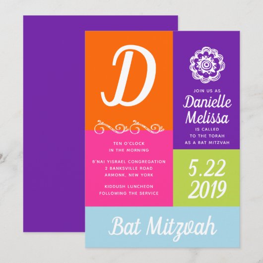 Bat Mitzvah Color Block Invitation Kaart (Voorkant / Achterkant)