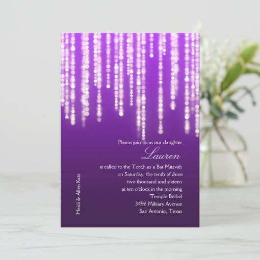Bat Mitzvah Deep Paarse Sparkly Lichten Kaart (Staand voorkant)